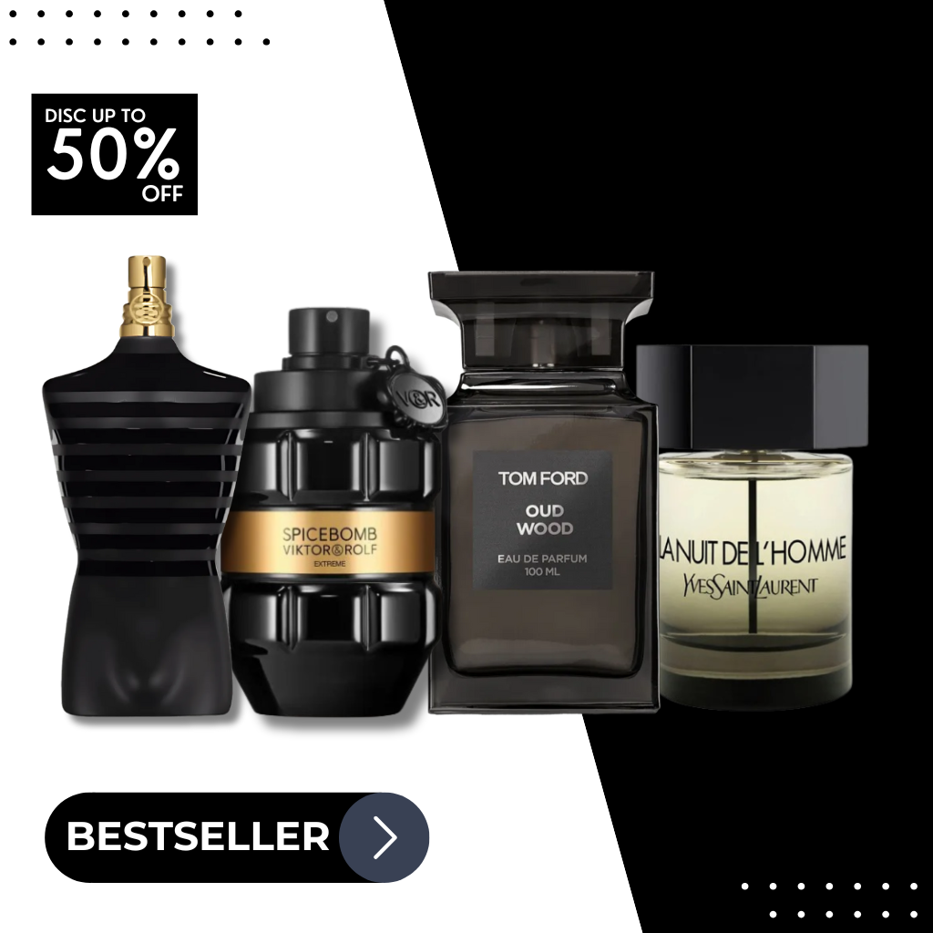Set 4 Perfumes JPG Le Male, Viktor & Rolf Spicebomb Extreme, YSL La Nuit de L’Homme, Tom Ford Oud Wood